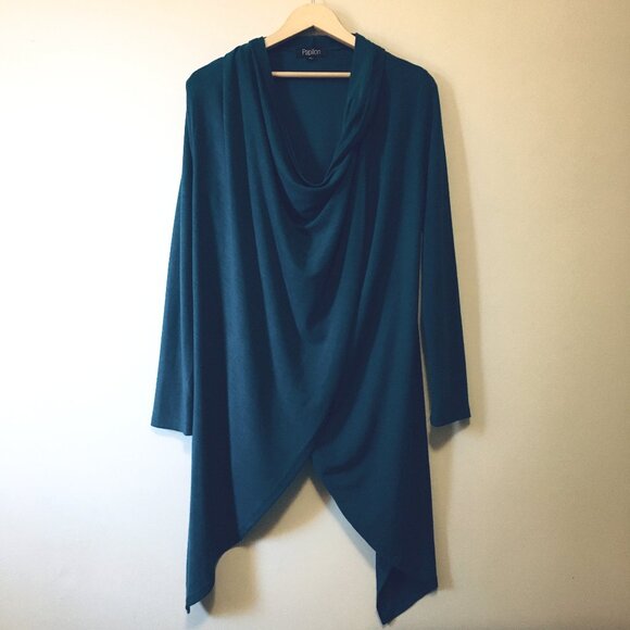 Peacock Blue Button Wrapover Handkerchief Hem Sweater - Picture 1 of 16